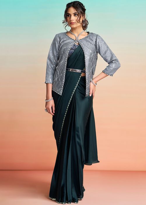 Teal Blue Satin Saree With Sequin Jacket Style