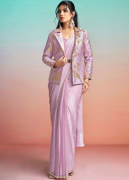 Lavender Pre-Stitched Saree With Woven Jacket