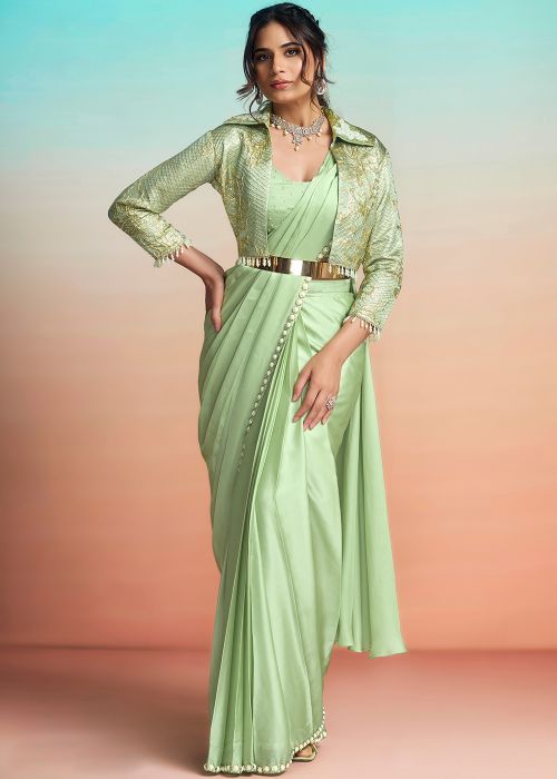 Mint Green Satin Saree With Pearl Border