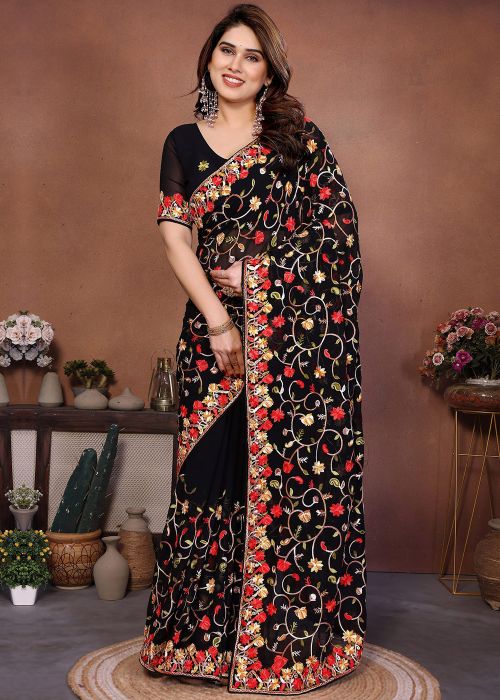 Black Georgette Saree With Floral Chikankari