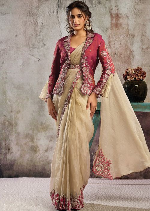 Beige Organza Pre-Stitched Saree With Pink Jacket