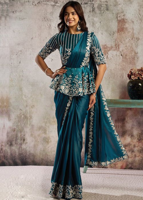 Teal Blue Pre-Stitched Saree With Peplum Blouse