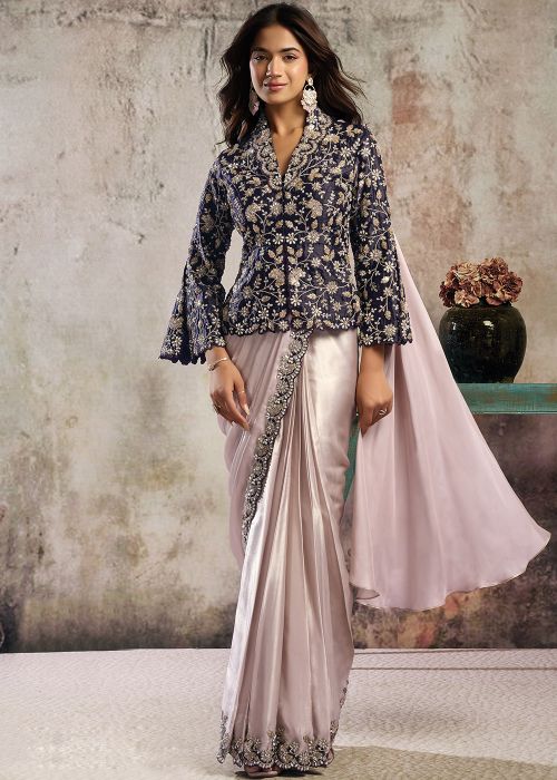 Cream Pre-Stitched Saree With Blazer Style Blouse