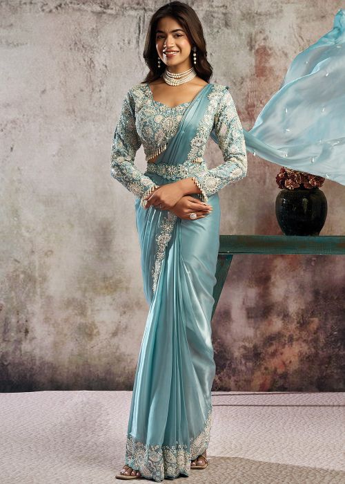 Sky Blue Satin Pre-Stitched Saree With Handwork