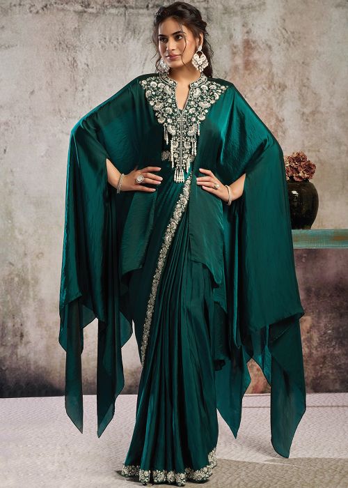 Emerald Green Satin Pre-Stitched Saree With Poncho