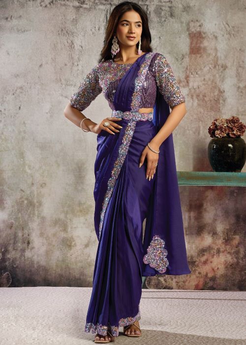 Purple Satin Pre-Stitched Saree With Beads Work