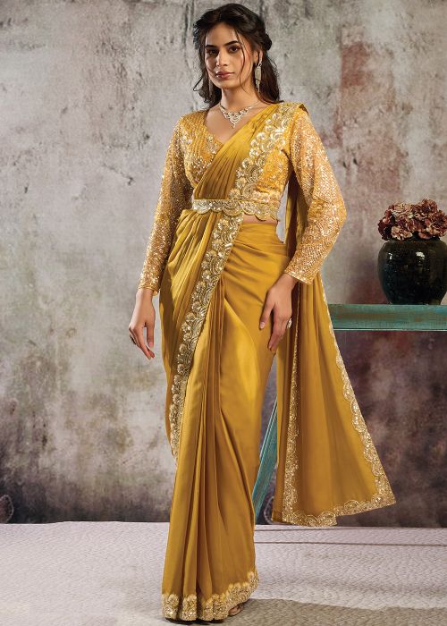 Yellow Satin Pre-Stitched Saree With Silver Sequins