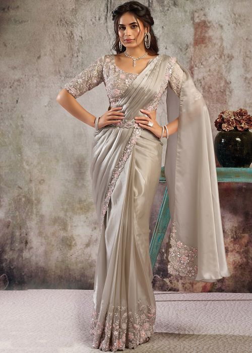 Silver Satin Pre-Stitched Saree With Stone Work