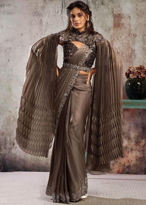 Brown Satin Pre-Stitched Saree With Pleated Cape