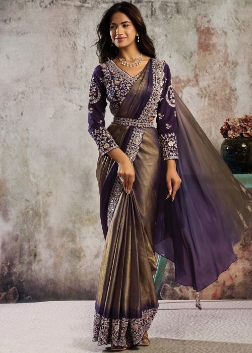 Dual Tone Purple Satin Pre-Stitched Saree
