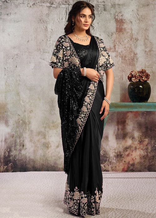 Black Satin Pre-Stitched Saree With Floral Jacket