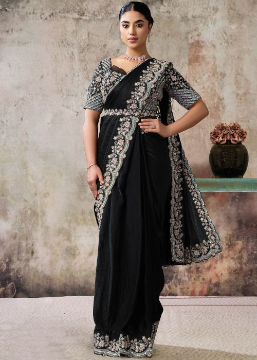 Black Satin Pre-Stitched Saree With Sequin Detailing