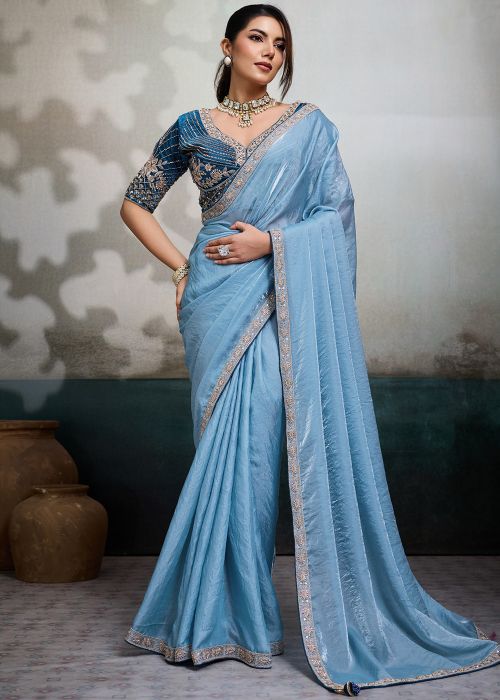 Blue Satin Saree With Handwork Border