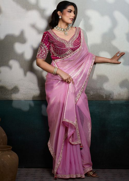 Pink Satin Saree With Beaded Zari Embroidery