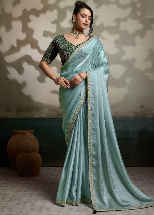 Blue Satin Saree With Embroidered Border