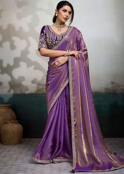 Purple Satin Saree With Zari Work