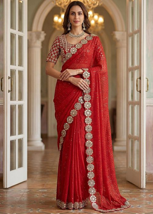 Red Georgette Saree With Embellished Border