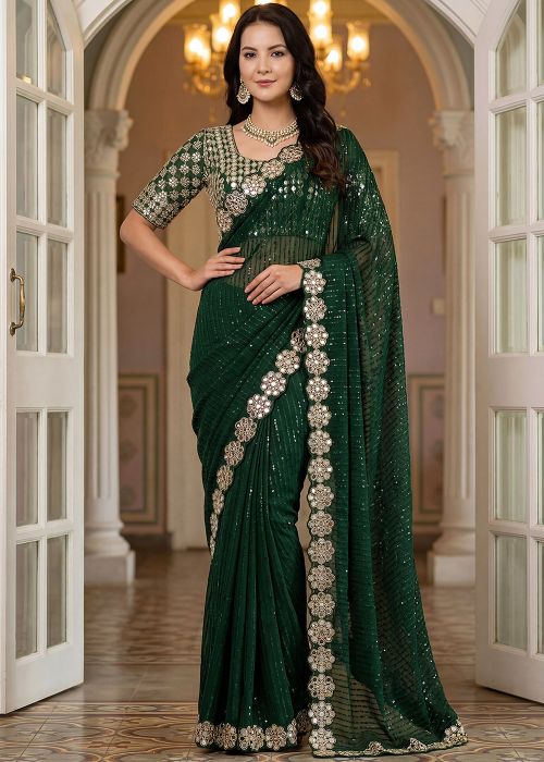 Green Georgette Saree With Mirror Border