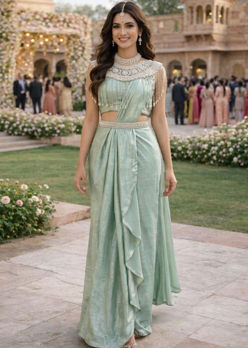 Green Satin Pre Stitched Saree with Embellished Belt