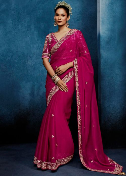 Pink Tissue Saree With Zari Embroidery