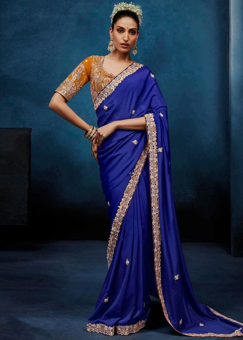 Royal Blue Tissue Saree With Embroidered Blouse