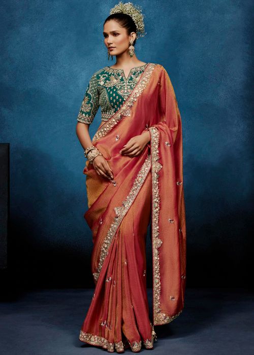 Dual Tone Orange Tissue Saree With Zari Accents