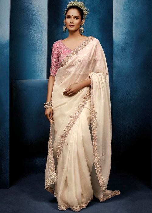 Cream Tissue Saree With Embellished Blouse