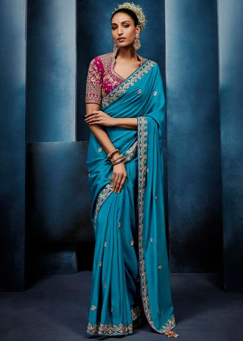 Blue Tissue Saree With Embroidered Border