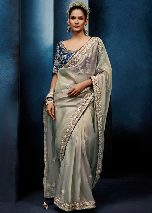 Sage Green Tissue Saree With Zari Highlight