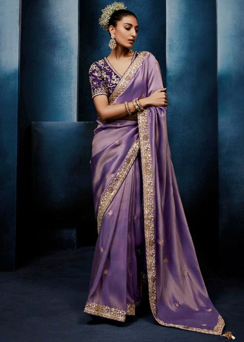 Lavender Tissue Saree With Zari Embroidery