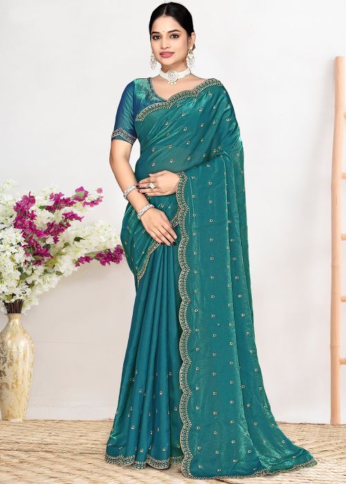 Dual Tone Teal Blue Saree With Stone Work