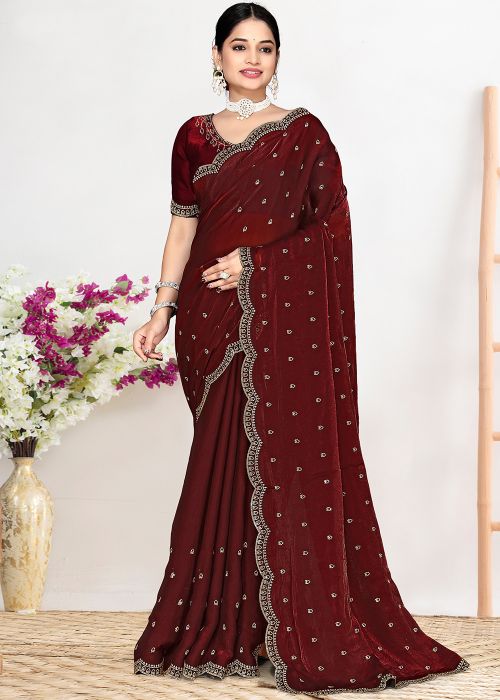 Two Tone Maroon Satin Saree With Scallop Border