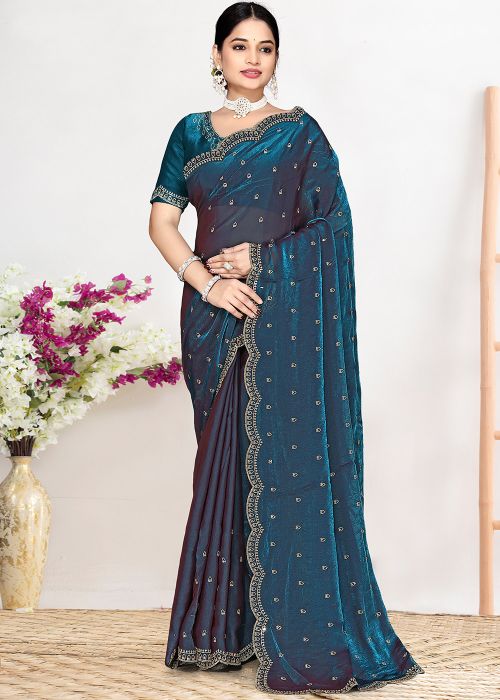 Dual Tone Teal Blue Saree With Stone Accent