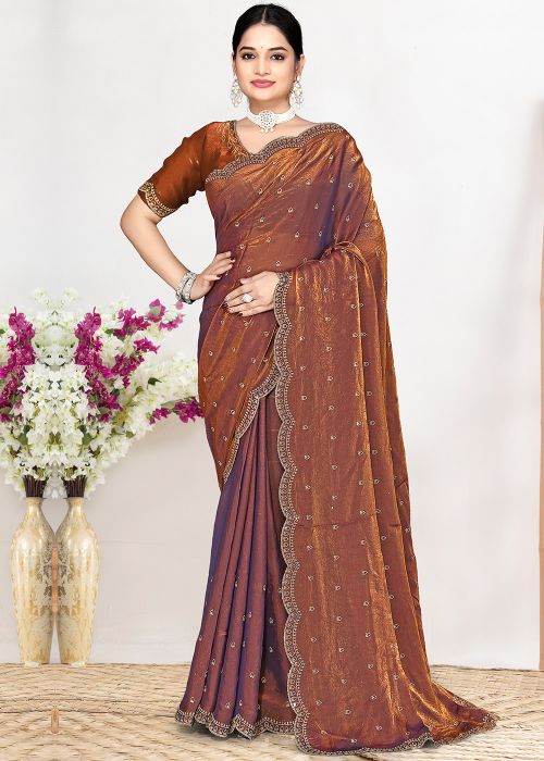 Orange Two Tone Satin Saree With Stone Work