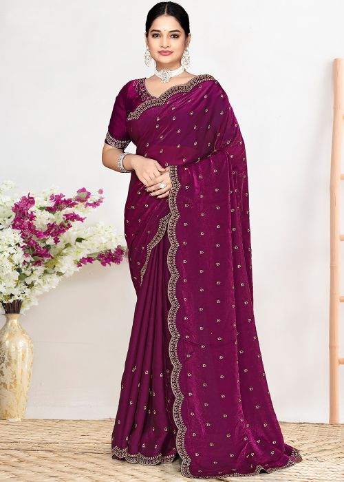 Dual Tone Wine Satin Saree With Stone Detailing