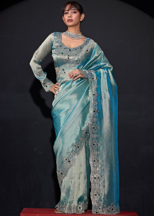 Blue Art Silk Saree With Stone Embroidery