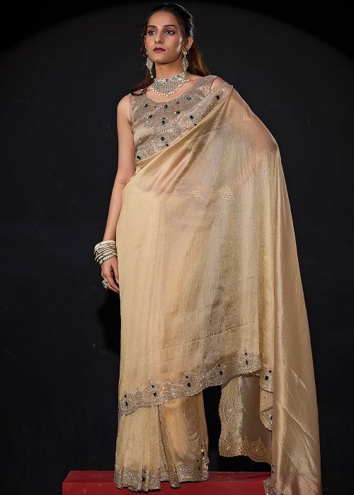 Golden Art Silk Saree With Stone Border