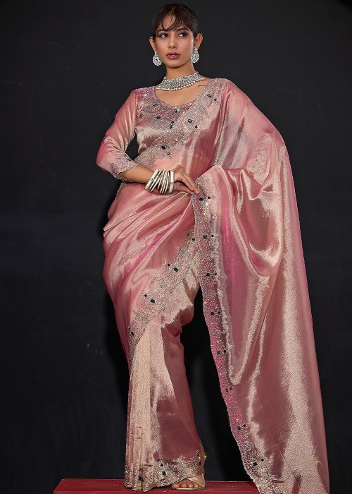 Dusty Pink Art Silk Saree With Stone Accent