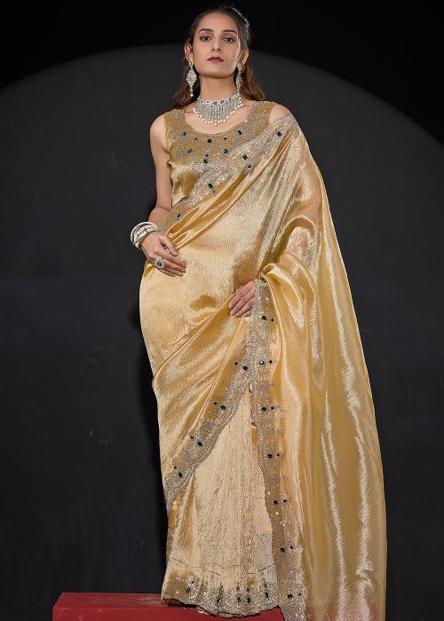Dusty Yellow Art Silk Saree With Stone Work