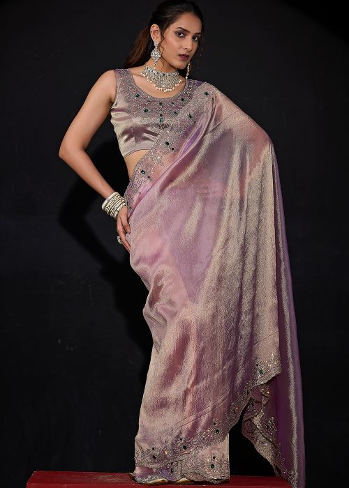 Lavender Art Silk Saree With Stone Border