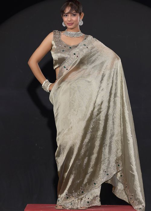 Pista Green Art Silk Saree With Stone Detail