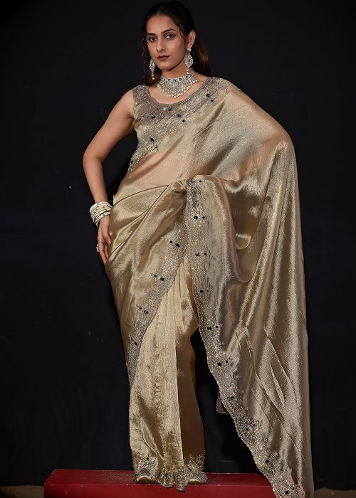 Metallic Brown Art Silk Saree With Stone Work