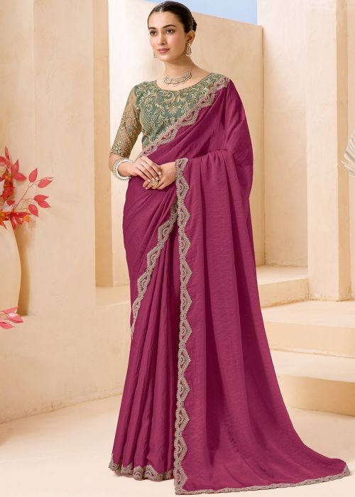 Wine Georgette Saree With Embroidered Blouse