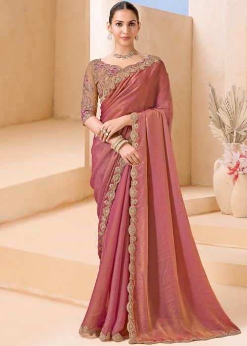 Dual Tone Pink Saree With Floral Embroidery