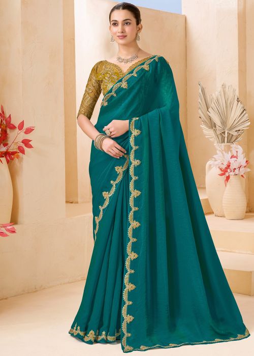 Teal Green Saree With Embroidered Border
