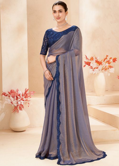 Grey Georgette Saree With Blue Embroidered Blouse