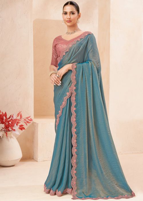 Dusty Blue Saree With Pink Border Work