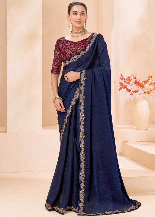 Navy Blue Georgette Saree With Embellished Blouse
