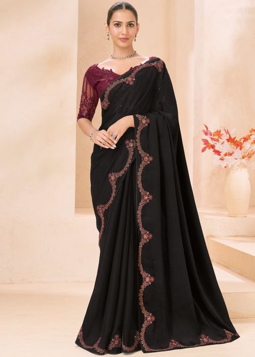 Black Saree With Wine Embroidered Blouse