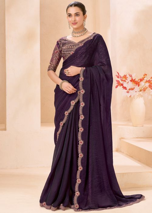 Purple Georgette Saree With Floral Border